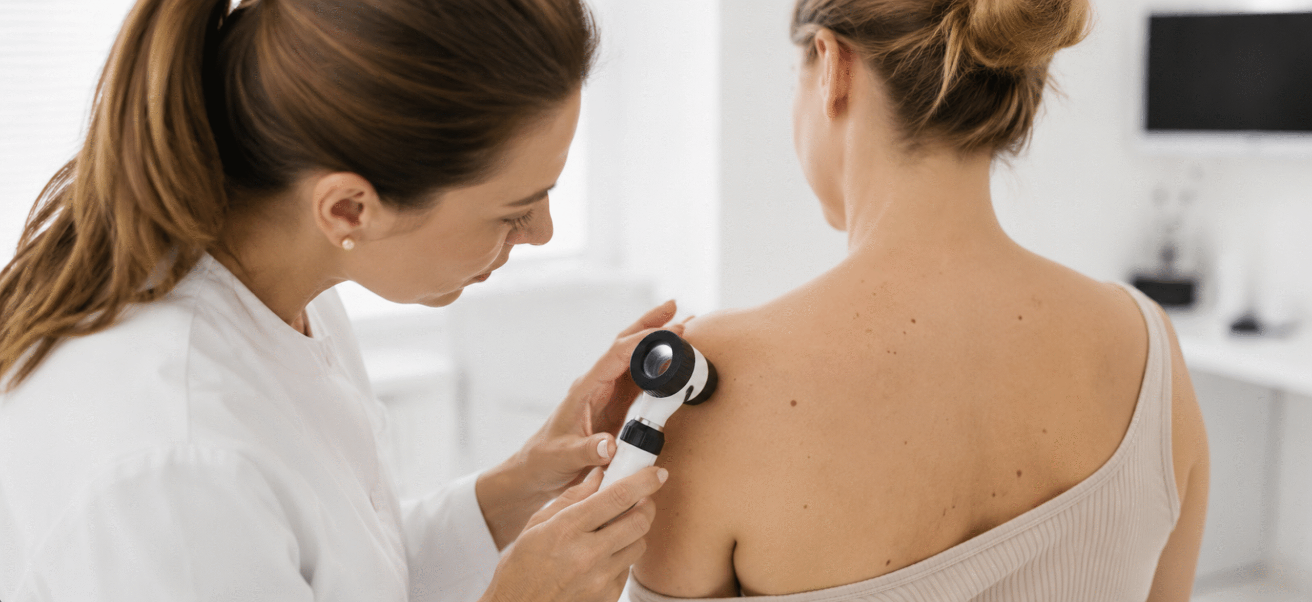 A doctor checking a woman's skin
