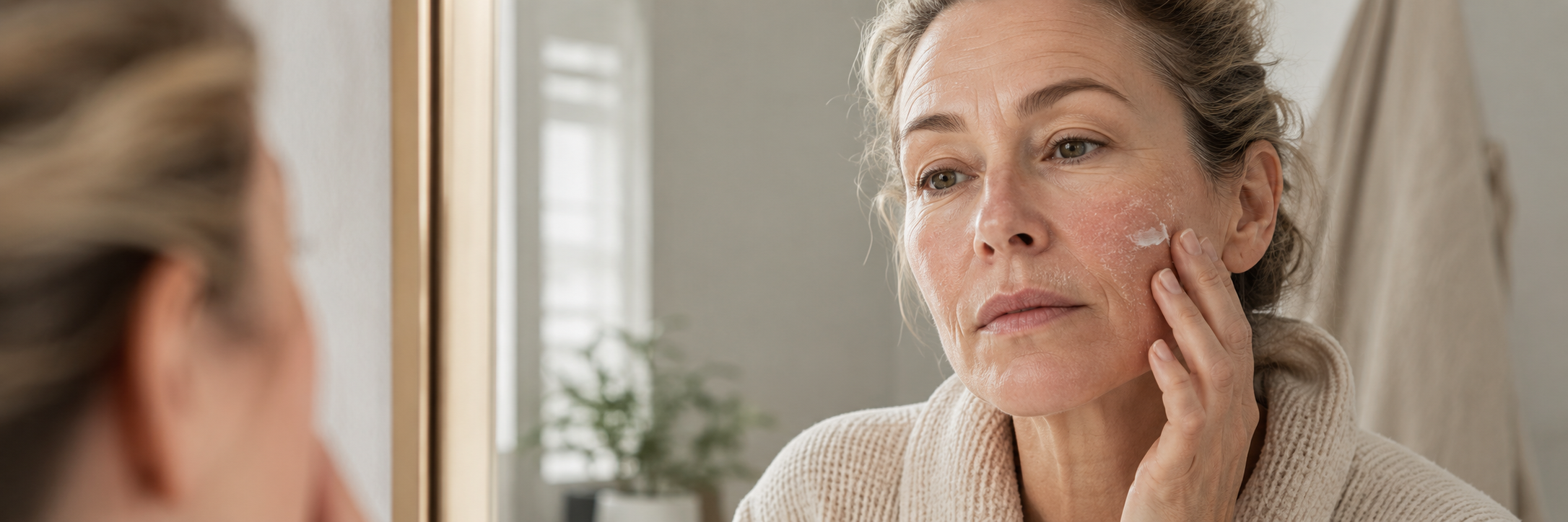 Woman with a weakened skin barrier applying moisturiser